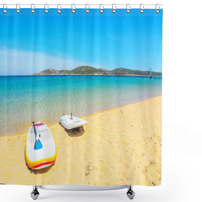 Personality  Surfboards On A Golden Beach In Porto Pollo Shower Curtains