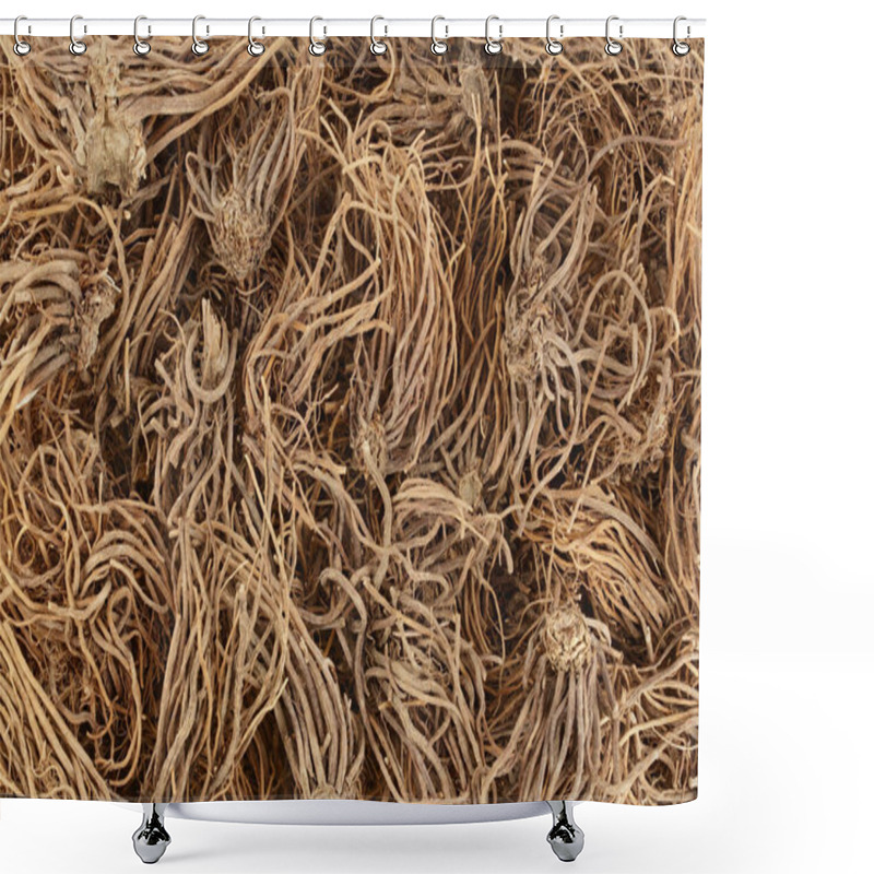 Personality  Dried Valerian Root Background. Valeriana Officinalis With Full Depth Of Field. Top View. Flat Lay. Shower Curtains