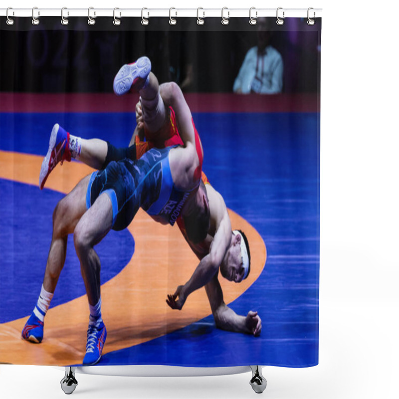 Personality  Budapest Hungary - Apr. 3, 2022: Arnaut R. ROU - Mammadow M. AZE. Compete In The Final At The E.U. Man Wrestling Championship Budapest Hungary Shower Curtains