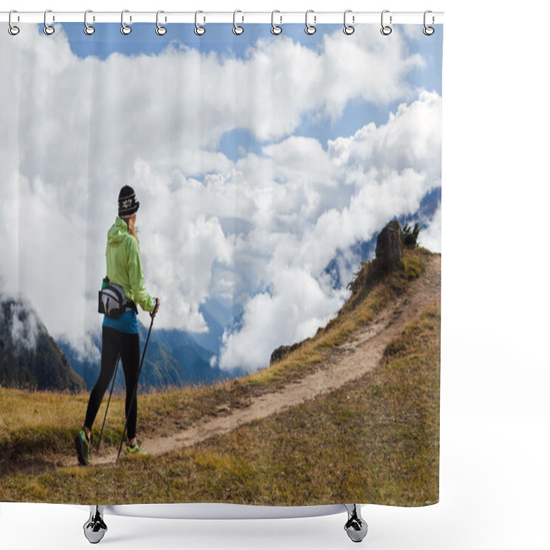 Personality  Woman Hiker Walking In Himalaya Mountains, Nepal Shower Curtains