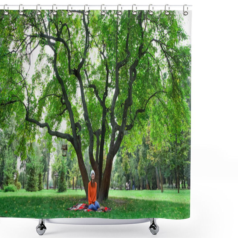 Personality  Young Woman Sitting On Plaid Blanket Under Big Tree In Autumn Park Shower Curtains