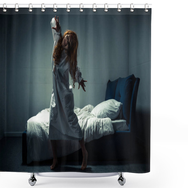 Personality  Smiling Obsessed Woman In Nightgown Standing Near Bed Shower Curtains