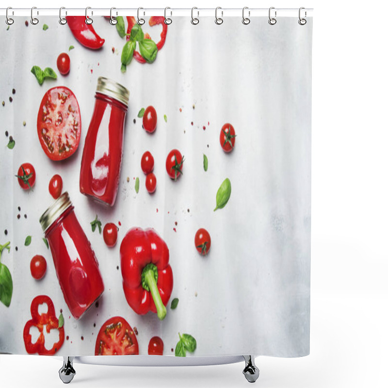 Personality  Want Some Juice? Extremely Bright, Red, Fresh Summer Spicy Tomato Juice With Pepper, Salt And Spices, On White Background, Glass Bottles, Top View Shower Curtains