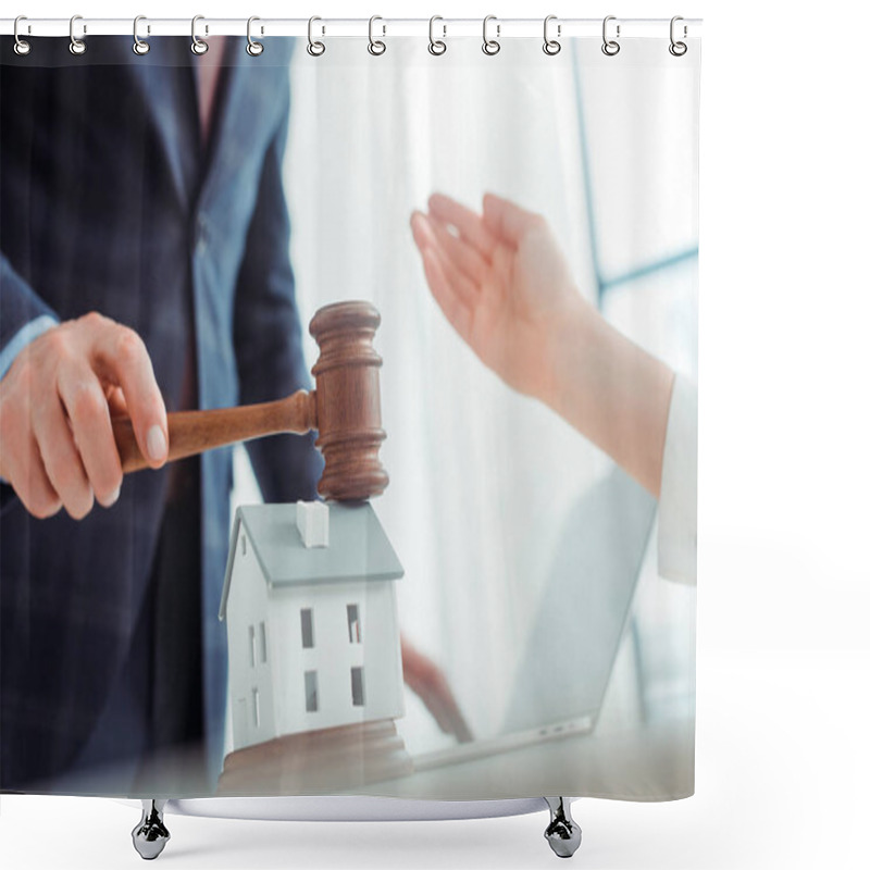 Personality  Cropped View Of Auctioneer Hitting With Gavel Model Oh House And Woman Pointing With Hand  Shower Curtains