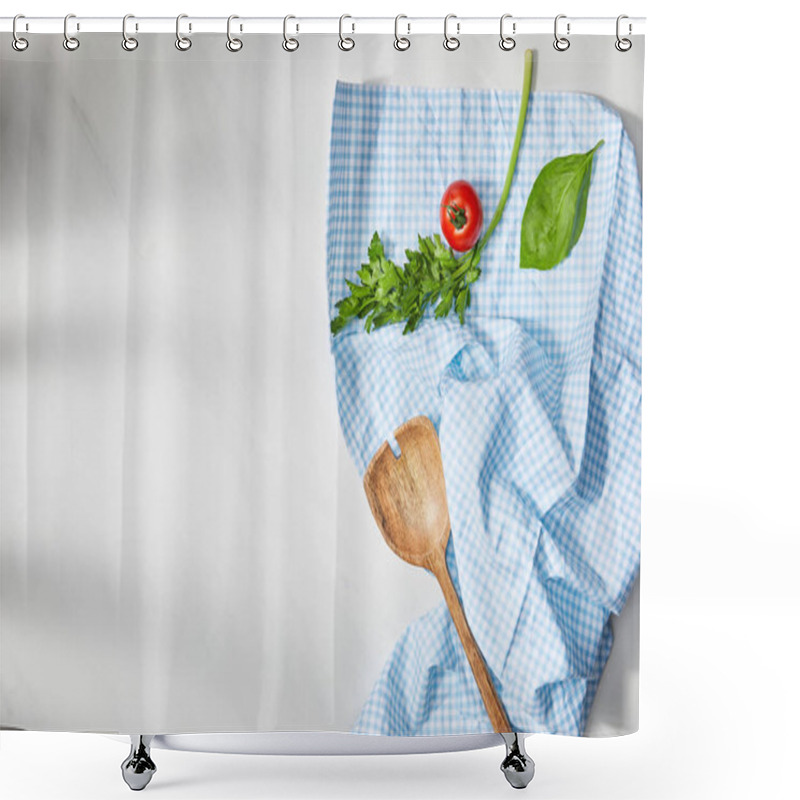 Personality  Top View Of Basil Leaf, Parsley, Cherry Tomato And Spatula On Plaid Cloth On White Background Shower Curtains