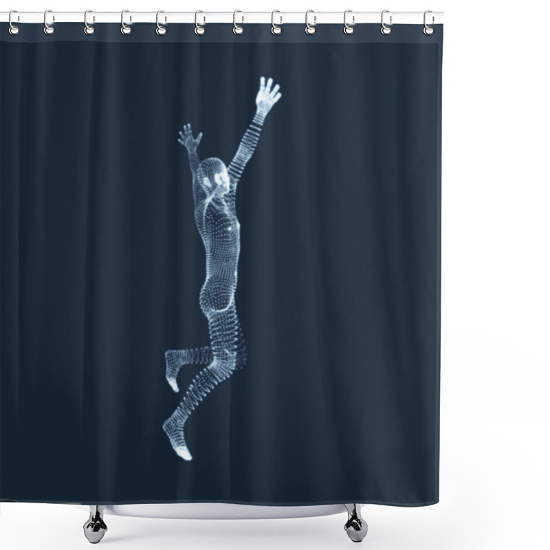 Personality  Running Man. Human With Arm Up. Silhouette For Sport Championship. The Victory Celebration. 3D Model Of Man. Vector Illustration. Shower Curtains