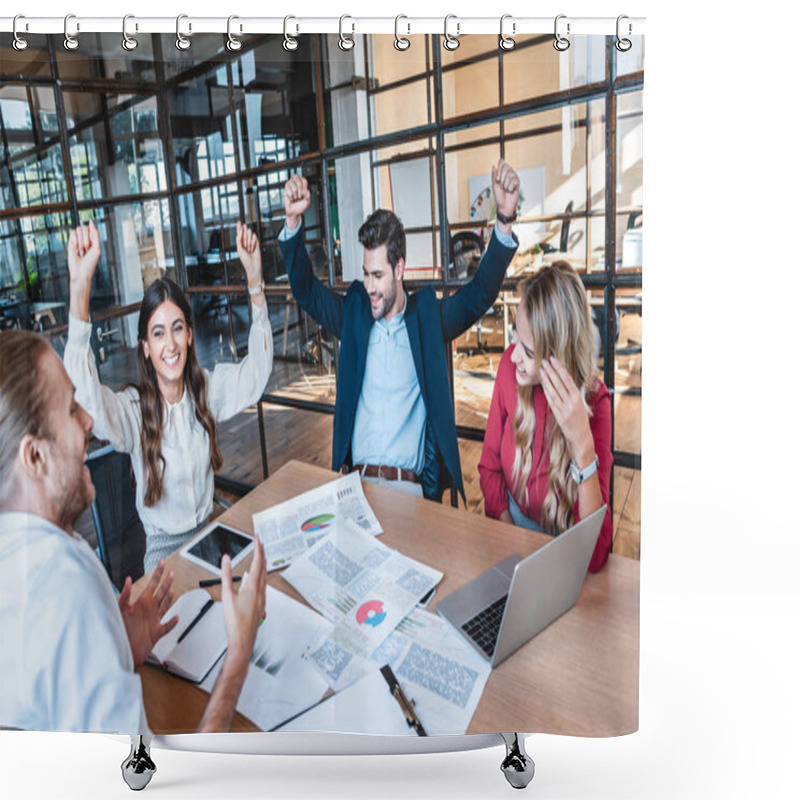 Personality  Happy Successful Business Team At Workplace With Papers In Office  Shower Curtains