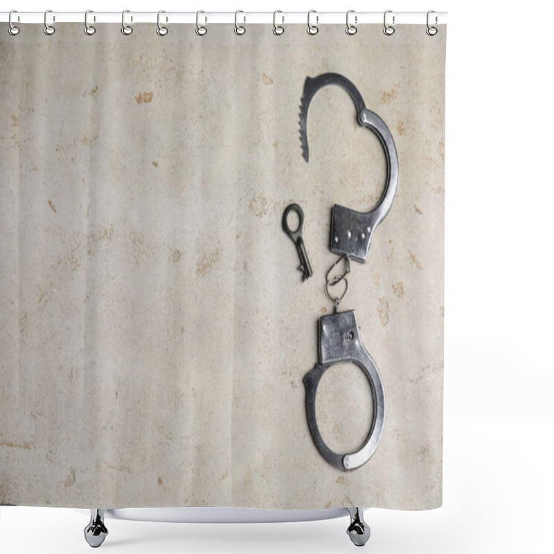 Personality  Classic Chain Handcuffs With Key On Light Table, Flat Lay. Space For Text Shower Curtains