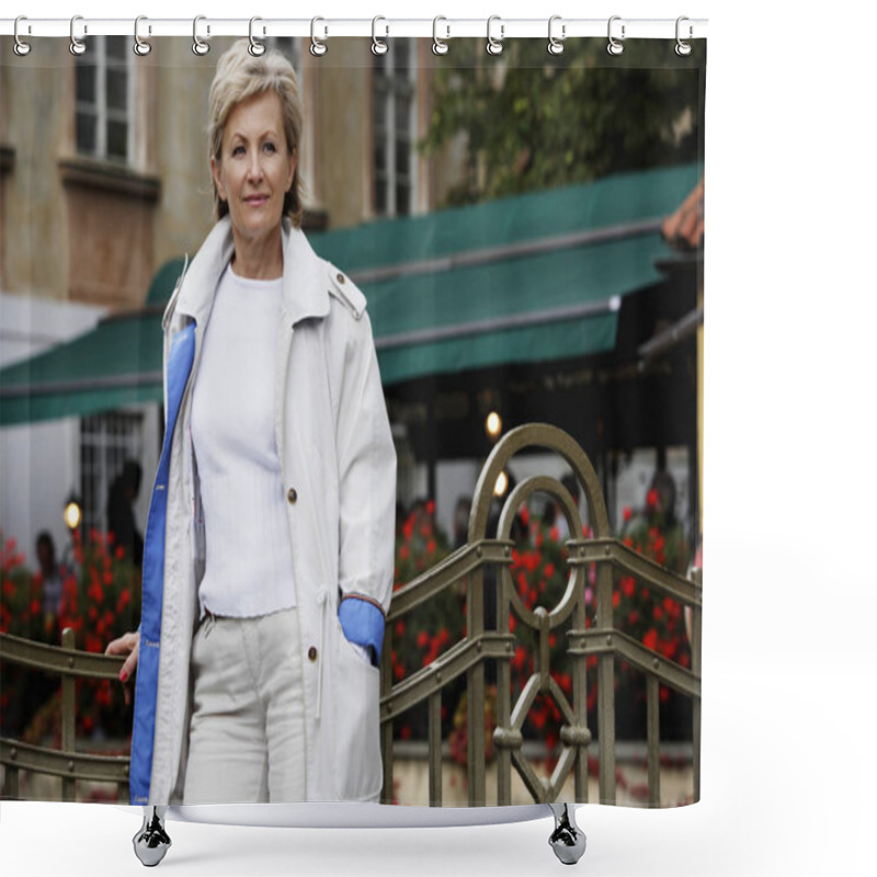 Personality  Mature Woman Standing In Front Of Gate Shower Curtains