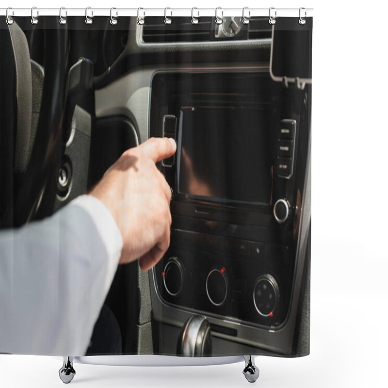 Personality  Cropped View Of Businessman Using Vehicle Audio System In Auto  Shower Curtains