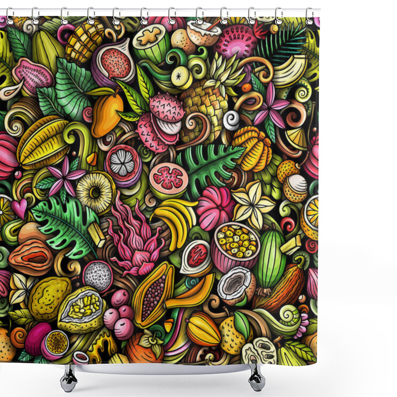 Personality  Cartoon Raster Doodles On The Subject Of Exotic Fruits Seamless Pattern Features A Variety Of Tropical Fruity Objects And Symbols. Whimsical Playful Colorful Background For Print On Fabric, Greeting Cards, Scarves, Wallpaper And Other Shower Curtains