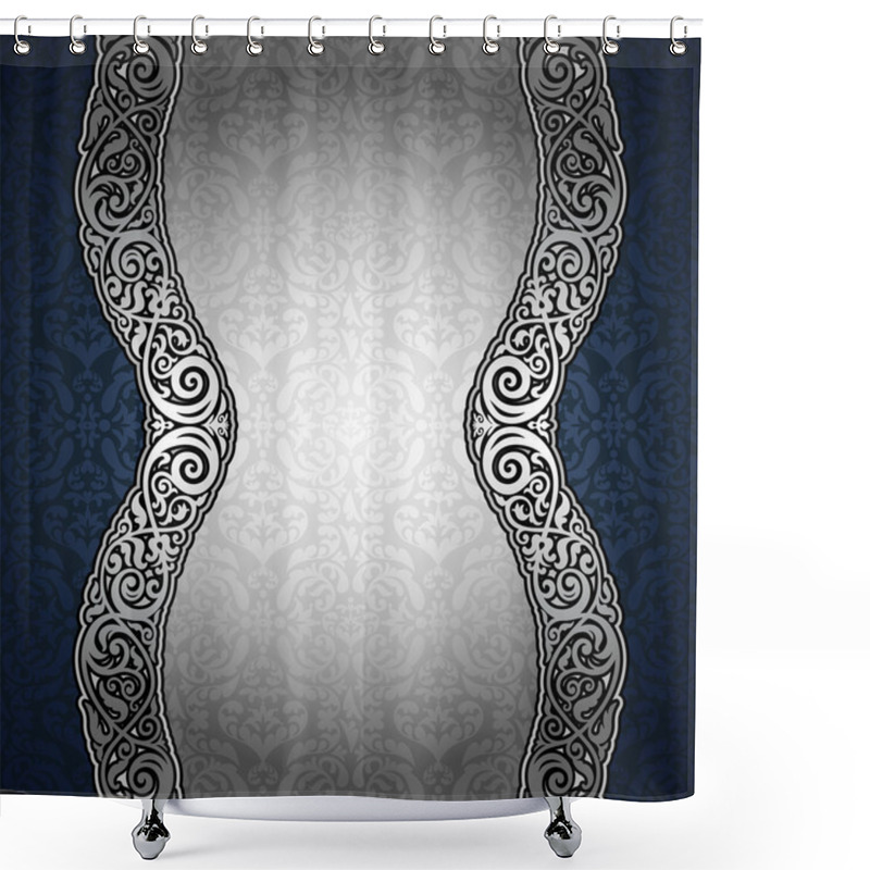 Personality  Vintage Blue Background, Antique, Victorian, Silver Ornament, Baroque Frame, Beautiful Invitation Card, Ornate Cover Page, Label, Floral Luxury Ornamental Pattern Template For Design Shower Curtains