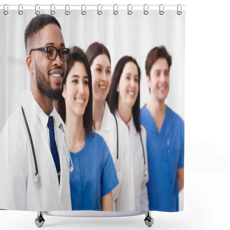 Personality  African Doctor Standing In Row With Team Shower Curtains