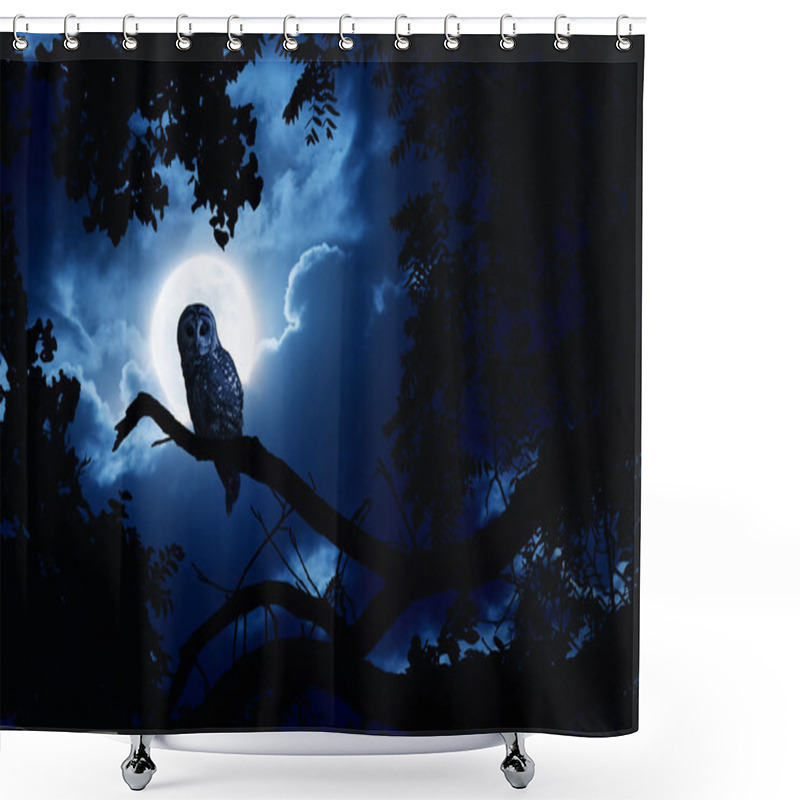 Personality  Owl Watches Intently Illuminated By Full Moon On Halloween Night Shower Curtains