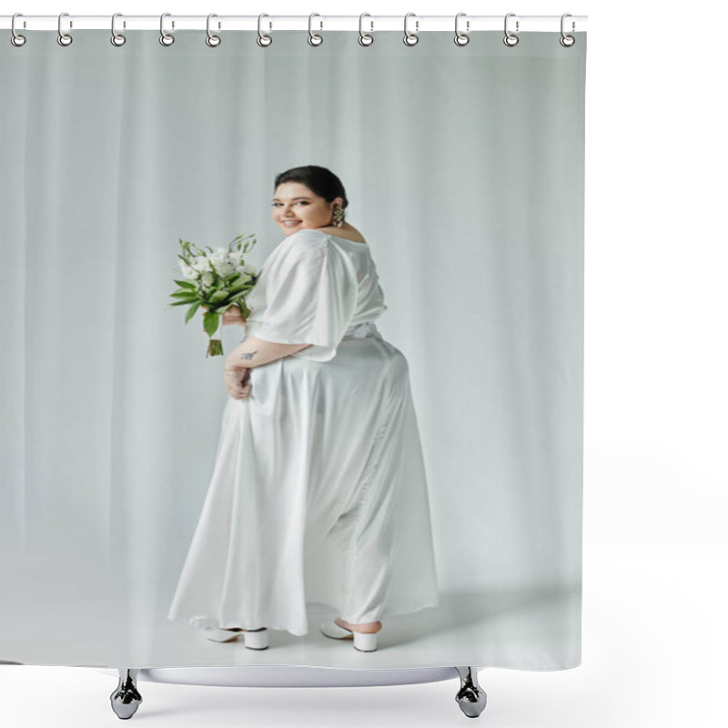 Personality  A Stunning Plus Size Bride Showcases Her Elegance In A Flowy White Dress, Holding A Beautiful Bouquet. Shower Curtains