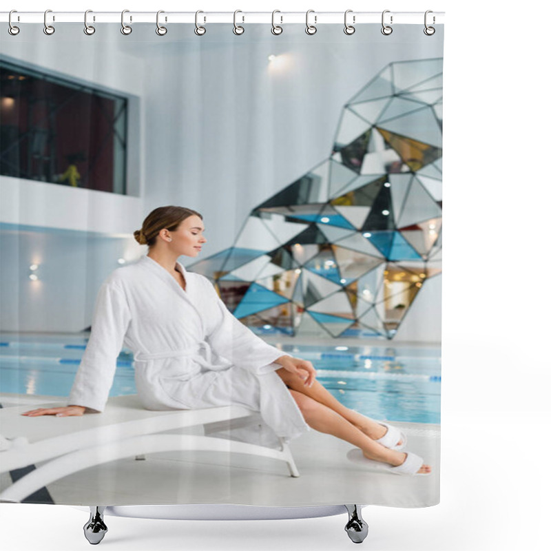 Personality  Side View Of Pleased Young Woman In White Bathrobe Sitting On Deck Chair In Spa Center Shower Curtains