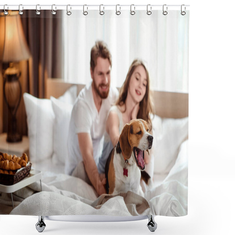 Personality  Funny Dog Yawns While Sits In Bed Near Hosts, Satisfied With Delicious Breakfast. Happy Female And Make In Background Take Care About Their Favourite Pet. People, Lifestyle And Rest Concept. Shower Curtains