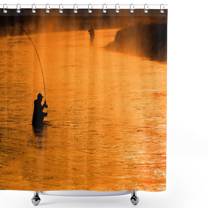 Personality  Person Fishing Man Silhouette Sunrise River Lake Mist Shower Curtains