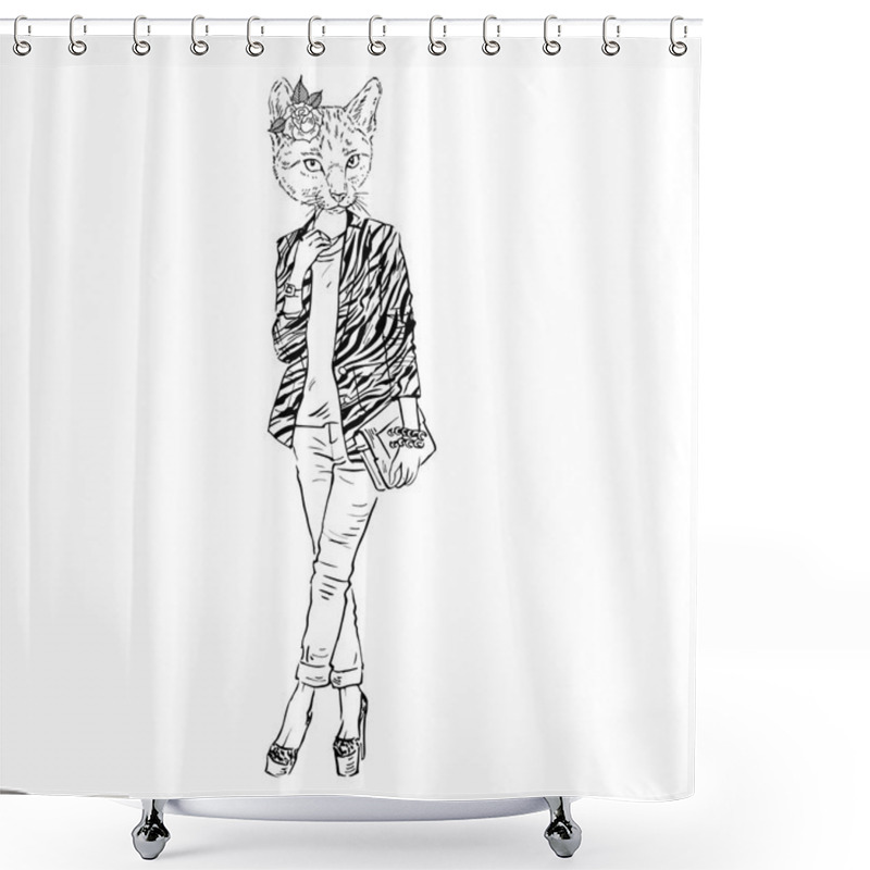 Personality  Cat Girl Dressed Up In City Style Shower Curtains