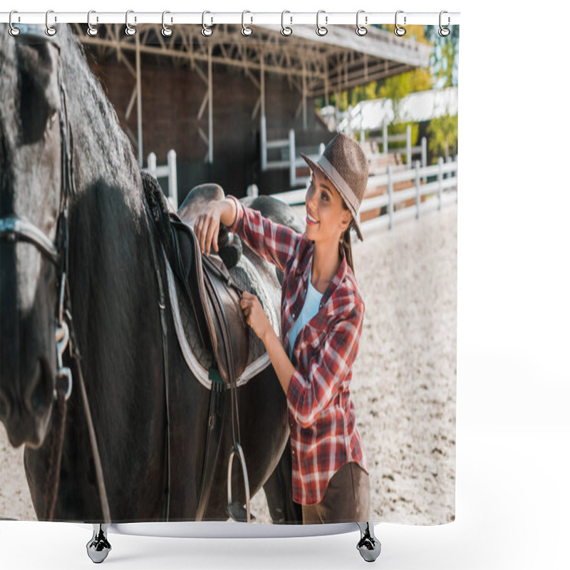 Personality  Attractive Cowgirl In Checkered Shirt Fixing Horse Saddle At Ranch Shower Curtains