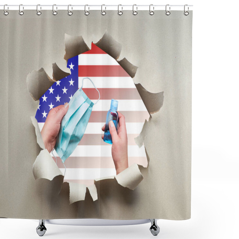 Personality  Hands With Face Mask And Disinfection Gel In Paper Hole With United States Flag. Covid-19 Coronavirus Hygiene Measures To Prevent Ongoing Public Health Threat From Novel Coronavirus Caused Pneumonia. Shower Curtains