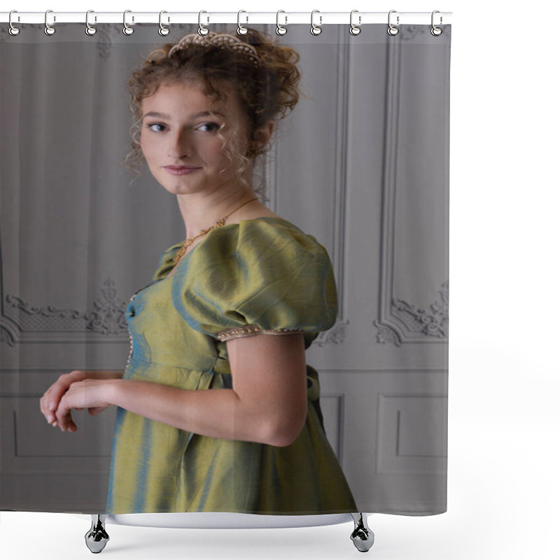 Personality  A Young Regency Woman Wearing A Green Shot Silk Dress And Standing Alone In A Room With Paneled Walls  Shower Curtains