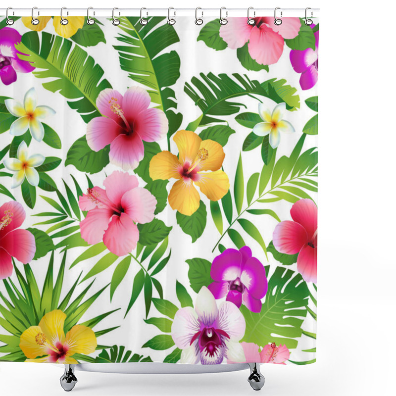 Personality  Tropical Flowers And Leaves On White Background, Vector Illustration Shower Curtains