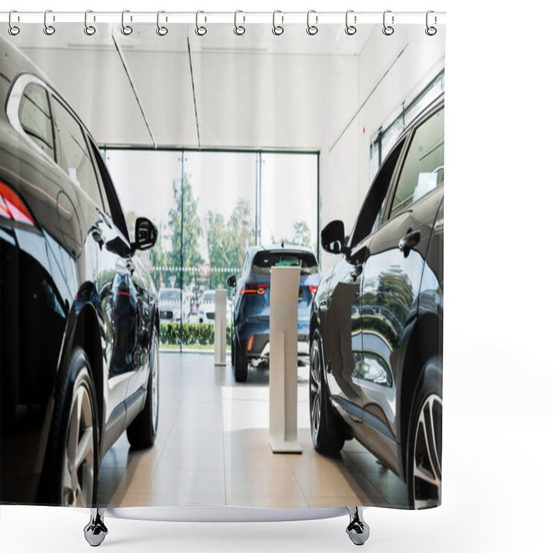 Personality  Selective Focus Of Black Luxury Cars In Car Showroom  Shower Curtains