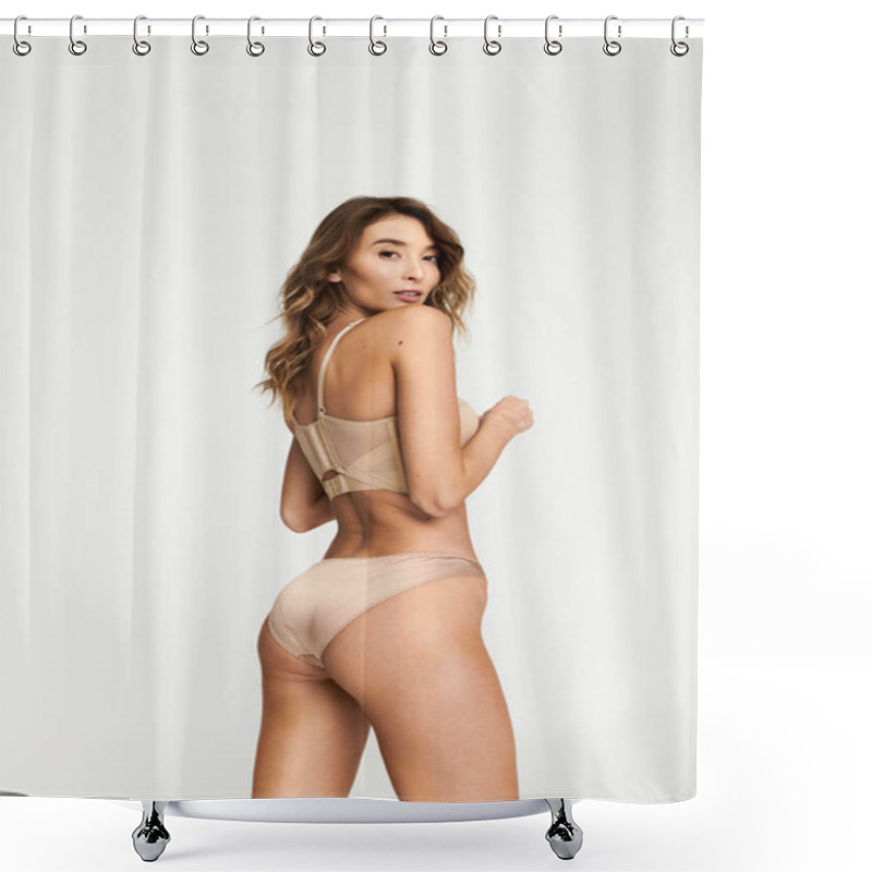 Personality  Beautiful Young Woman Showcasing Elegant Lingerie Style In A Chic Indoor Setting. Shower Curtains