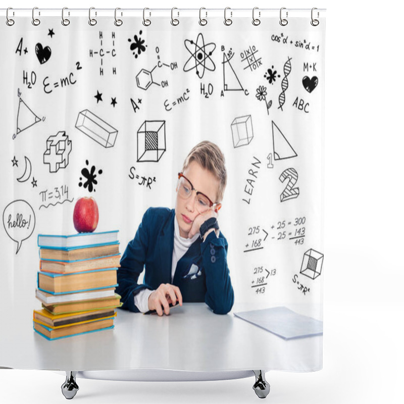 Personality  Sad Schoolboy In Glasses Sitting At Desk With Books And Apple Near Mathematical Formulas On White  Shower Curtains