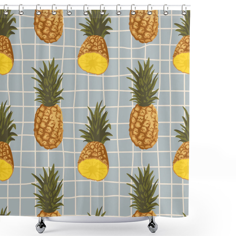 Personality  Vector Seamless Summer Pattern With Pineapples On Retro Geometry Background. Shower Curtains