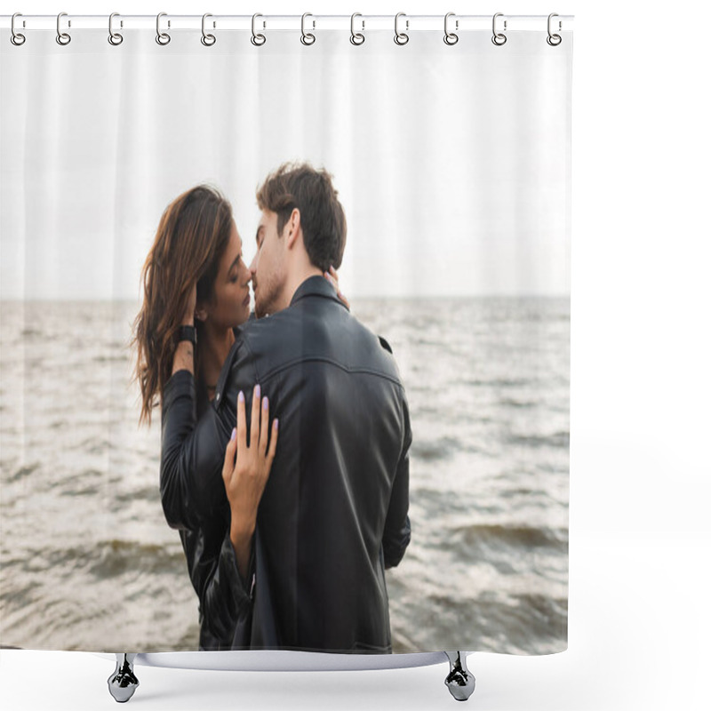 Personality  Man In Leather Jacket Kissing Girlfriend With Sea At Background  Shower Curtains