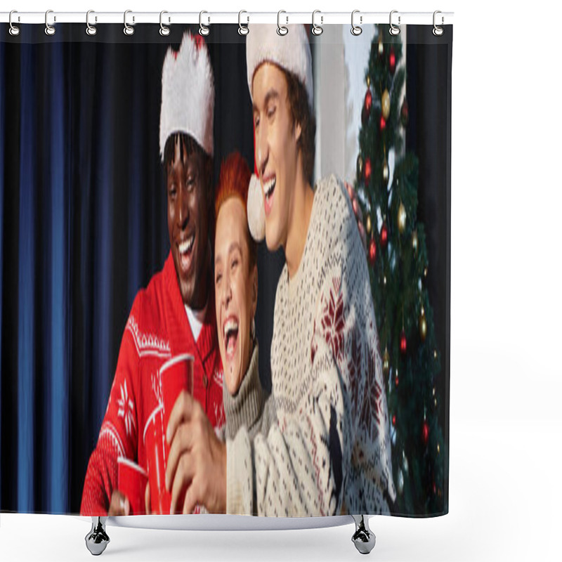 Personality  Coworkers Celebrate Christmas Together, Sharing Laughter And Festive Drinks In The Office. Shower Curtains