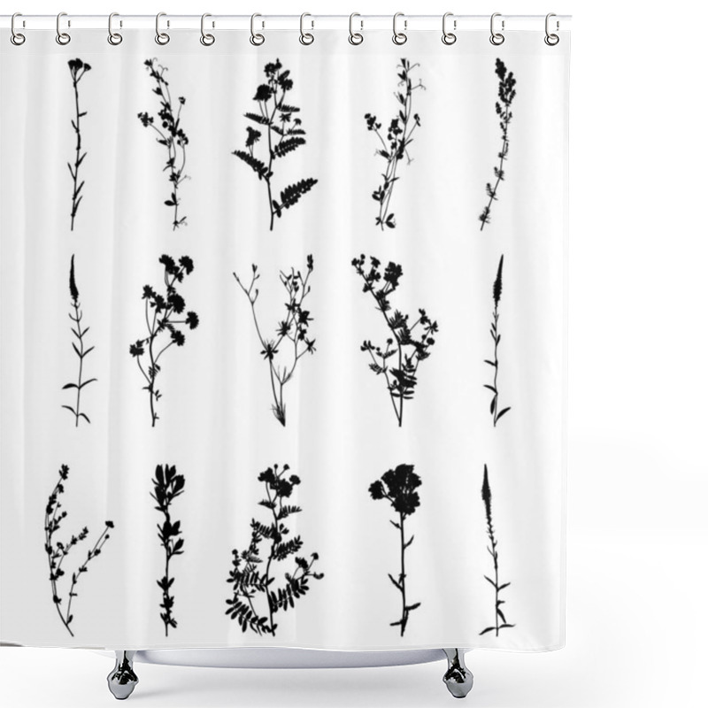 Personality  Set Of Wildflowers Silhouettes Isolated On White Background. Meadow Flowers Collection. Vector Illustration. Shower Curtains