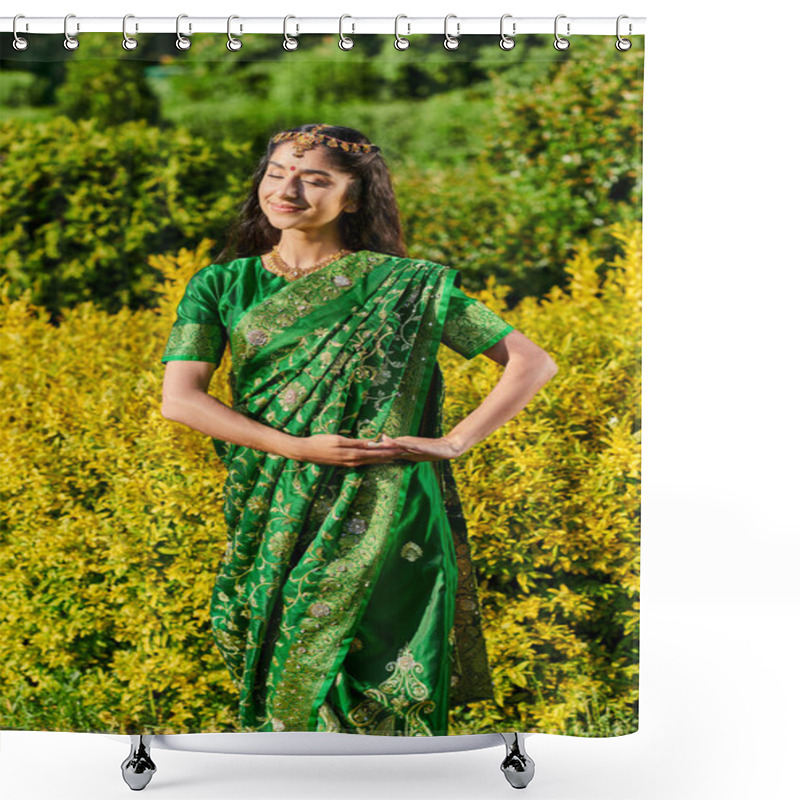 Personality  Stylish And Smiling Young Indian Woman In Sari Posing In Bushes In Park Outdoors Shower Curtains