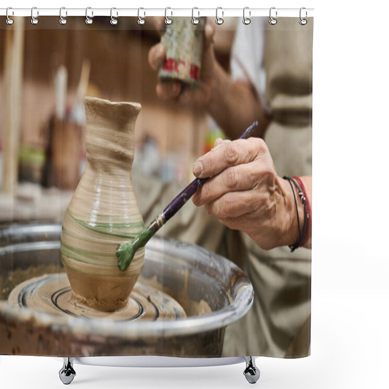 Personality  A Talented Craftsman Uses A Brush To Decorate A New Pottery Creation With Earthy Tones. Shower Curtains