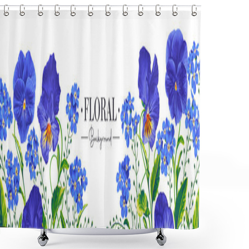 Personality  Long Horizontal Background, Banner, Card Template, Frame With Vector Flowers. Wildflowers Of Pansies, Viola And Forget-me-not. Blue Plants Isolated On White Background. Place For Text Shower Curtains