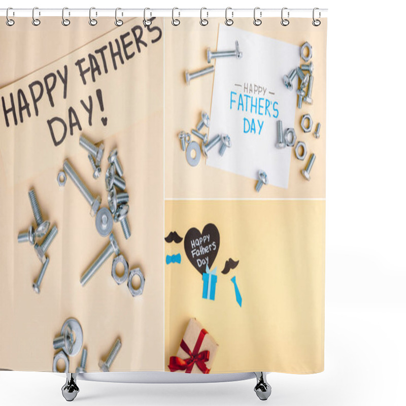 Personality  Split Image With Metal Nuts And Bolts And Greeting Cards With Lettering Happy Fathers Day On Beige Background  Shower Curtains