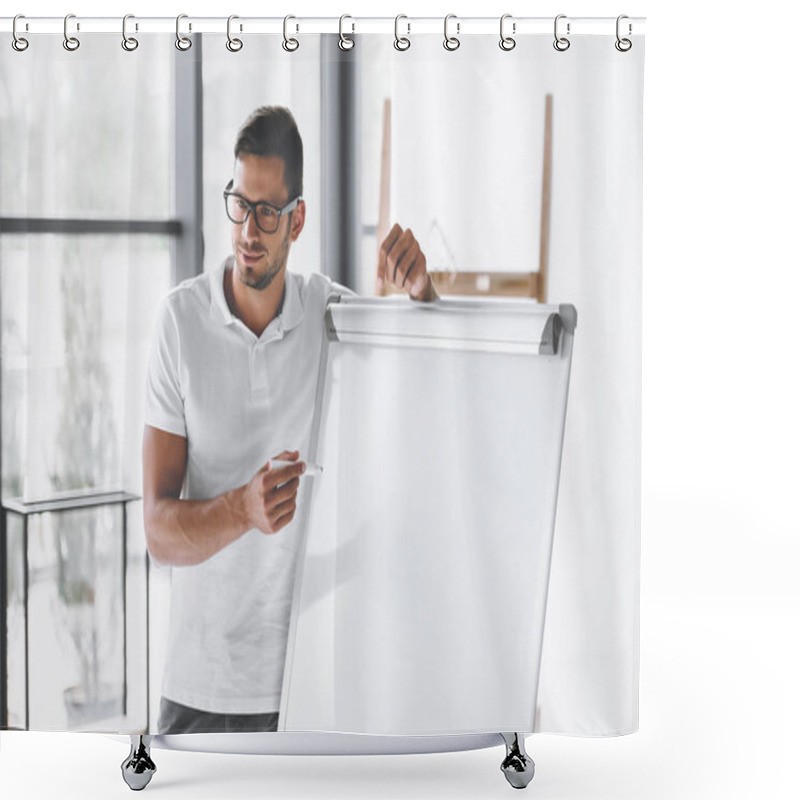 Personality  Smiling Businessman Making Presentation At White Board In Office Shower Curtains