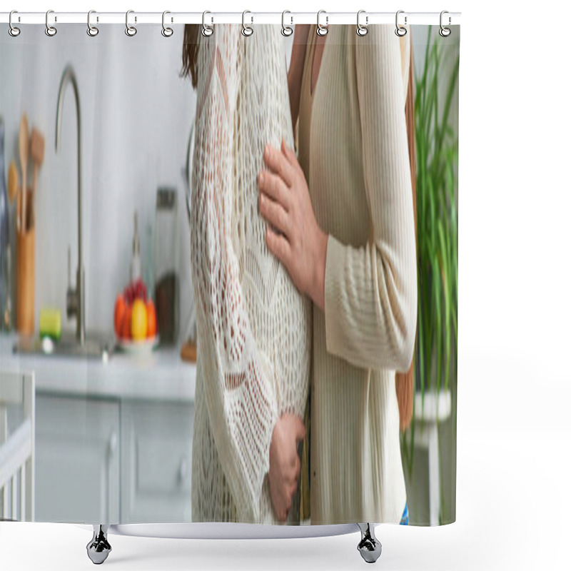 Personality  Pretty Lesbian Couple Hugging Touching Pregnant Belly With Kitchen On Backdrop, Ivf Concept, Banner Shower Curtains