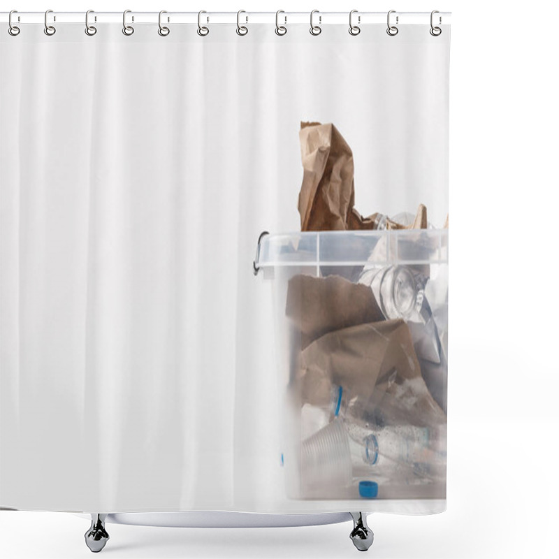 Personality  Close Up View Of Container With Paper And Plastic Garbage Isolated On White, Recycling Concept Shower Curtains