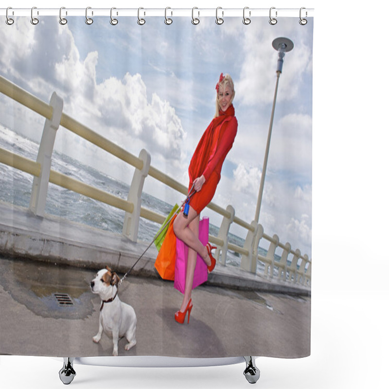 Personality  Young Shopping Woman Whit Dog ,sea Background Shower Curtains