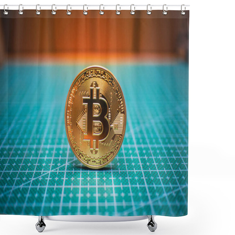 Personality  Golden Bitcoin Coin Standing On A Green Grid Patterned Surface, Representing The Fusion Of Cryptocurrency With Modern Technology And Blockchain. Shower Curtains