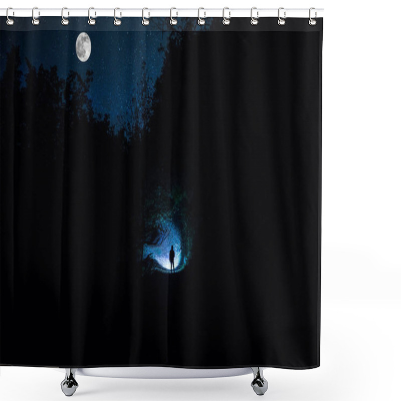 Personality  Silhouette Of Person Standing In The Dark Forest With Light. Horror Halloween Concept. Strange Silhouette In A Dark Spooky Forest At Night Shower Curtains