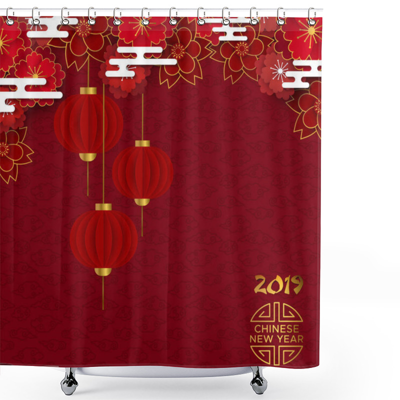 Personality  Chinese New Year Of The Pig 2019 Illustration. Red Background With Traditional Asian Lanterns And Plum Blossom Flowers In Gold Layered Paper.  Shower Curtains