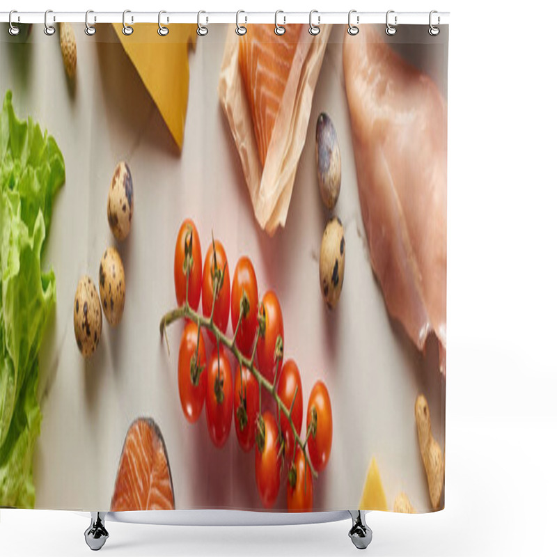 Personality  Panoramic Shot Of Branch Of Cherry Tomatoes, Quail Eggs, Lettuce, Raw Poultry And Fish On Marble Surface Shower Curtains