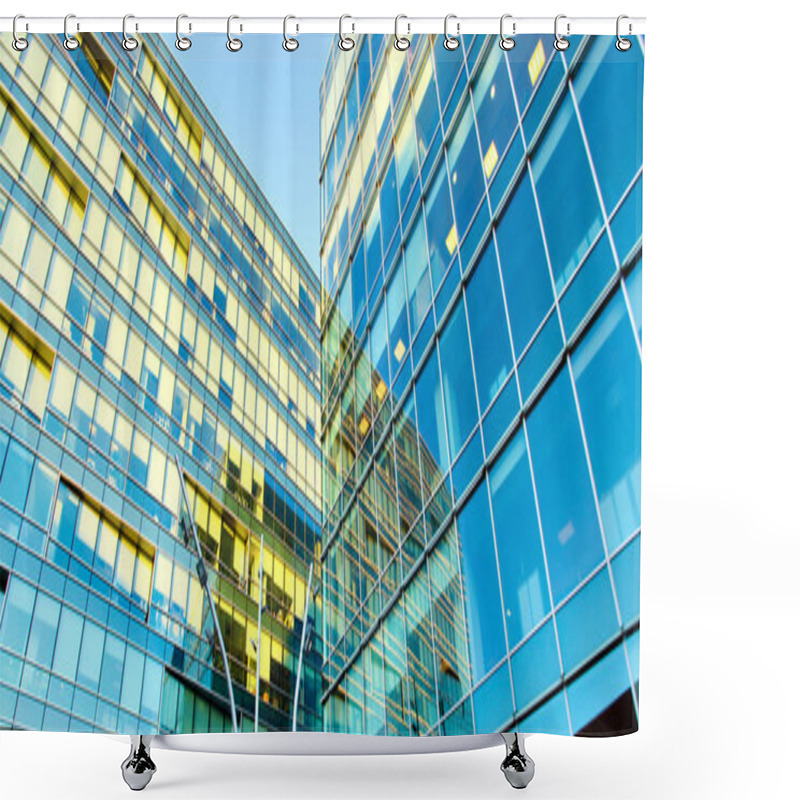 Personality  Panoramic And Prospective Wide Angle View To Steel Light Blue Background Of Glass High Rise Building Skyscraper Commercial Modern City Of Future. Business Concept Of Successful Industrial Architecture Shower Curtains