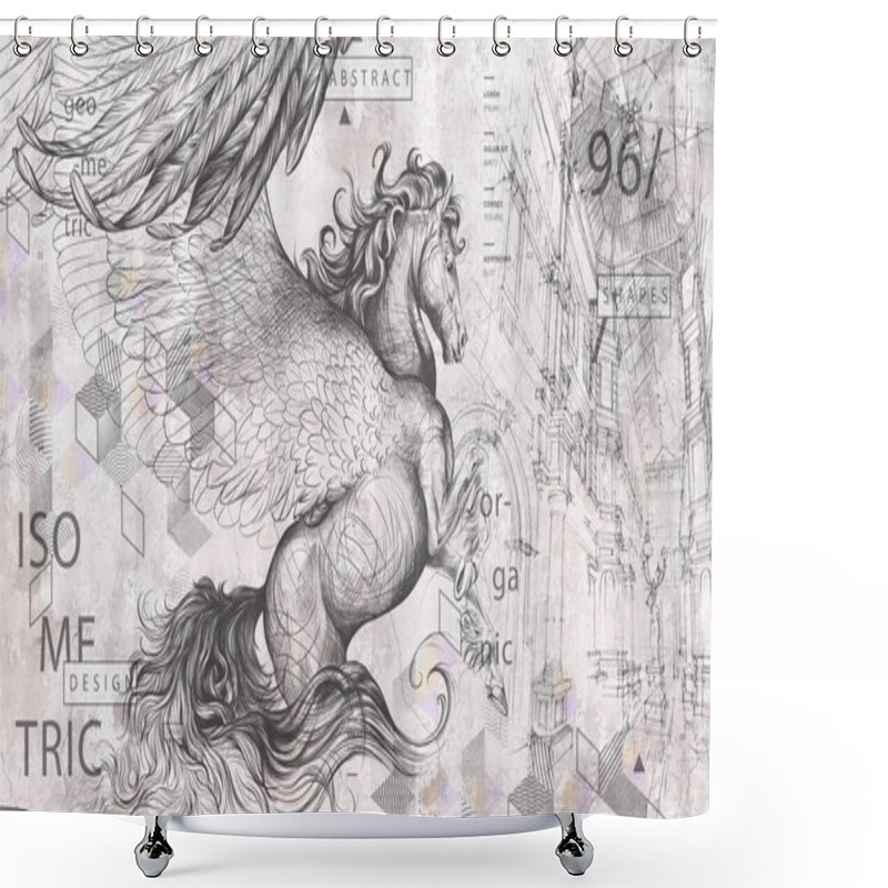 Personality  Beautiful Graphic Drawn Pegasus With Wings And Geometry On A Grey Concrete Grunge Wall. Design For Wallpaper, Photo Wallpaper, Mural, Card, Postcard. Illustration In The Loft, Classic, Modern Style. Shower Curtains