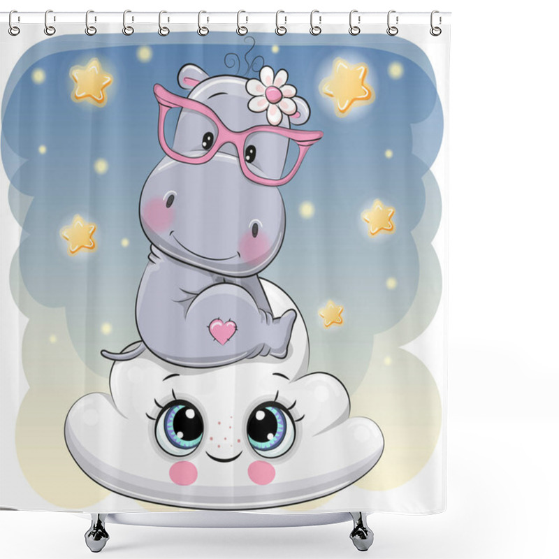 Personality  Cute Cartoon Hippo Is Sitting A On The Cloud Shower Curtains