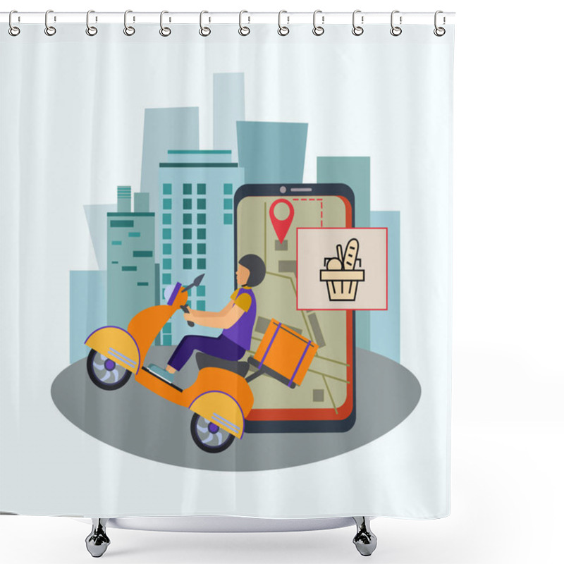 Personality  Vector With Drawn Delivery Man In Helmet Riding Scooter With Package  Shower Curtains